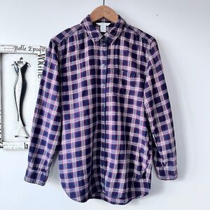 H&M Women’s Western Navy Blue Plaid 100% Cotton Button Down Shirt Size 2